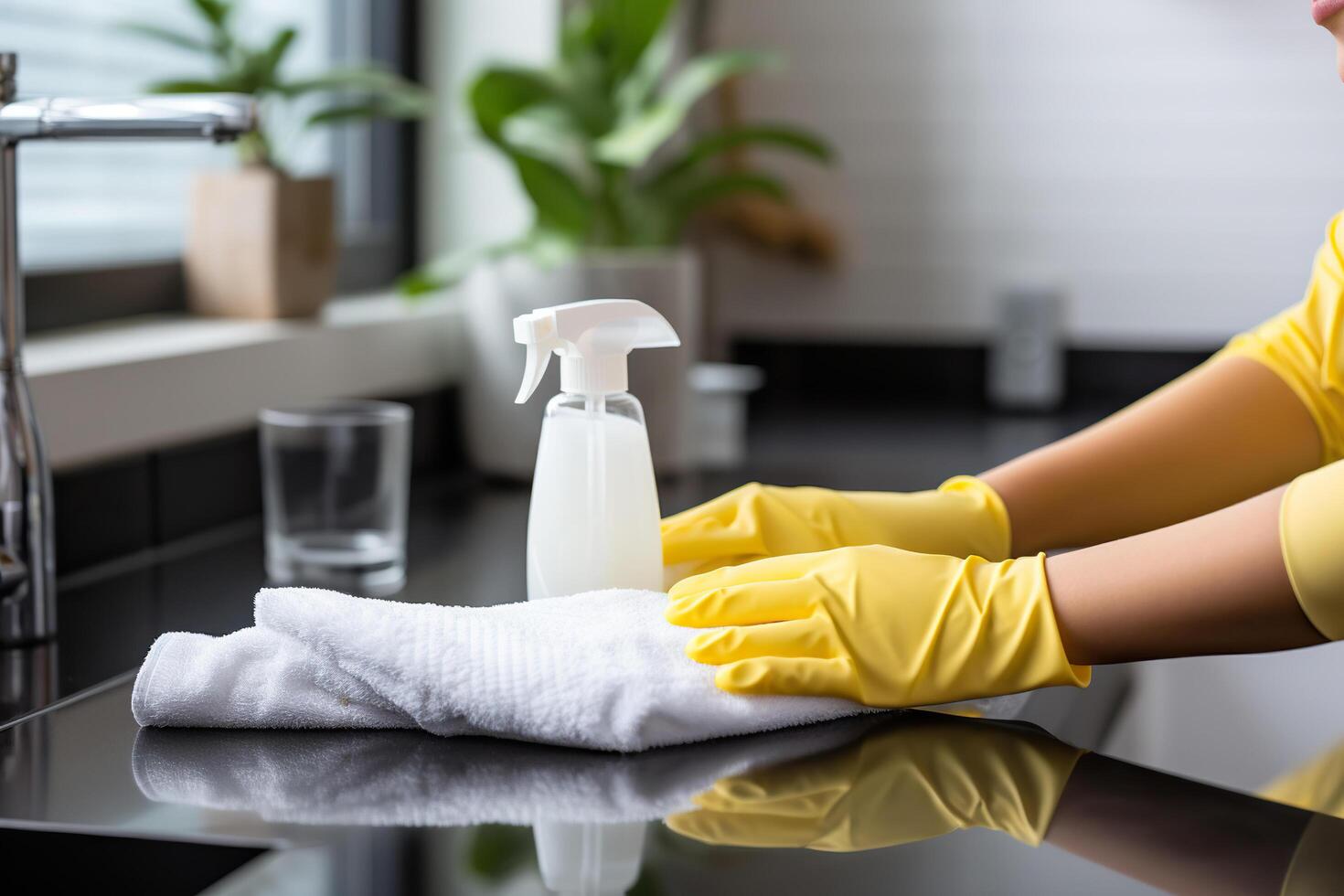 ai genererad händer i gul hushåll handskar tvätta de bordsskiva med en trasa. rengöring begrepp. genererad förbi artificiell intelligens foto