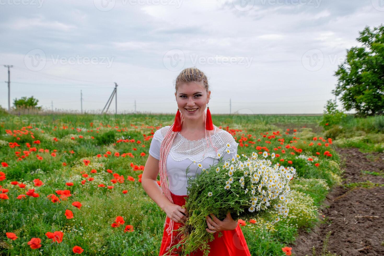 ung flicka med en bukett av daisy i fält. daisy på en vallmo fält. foto