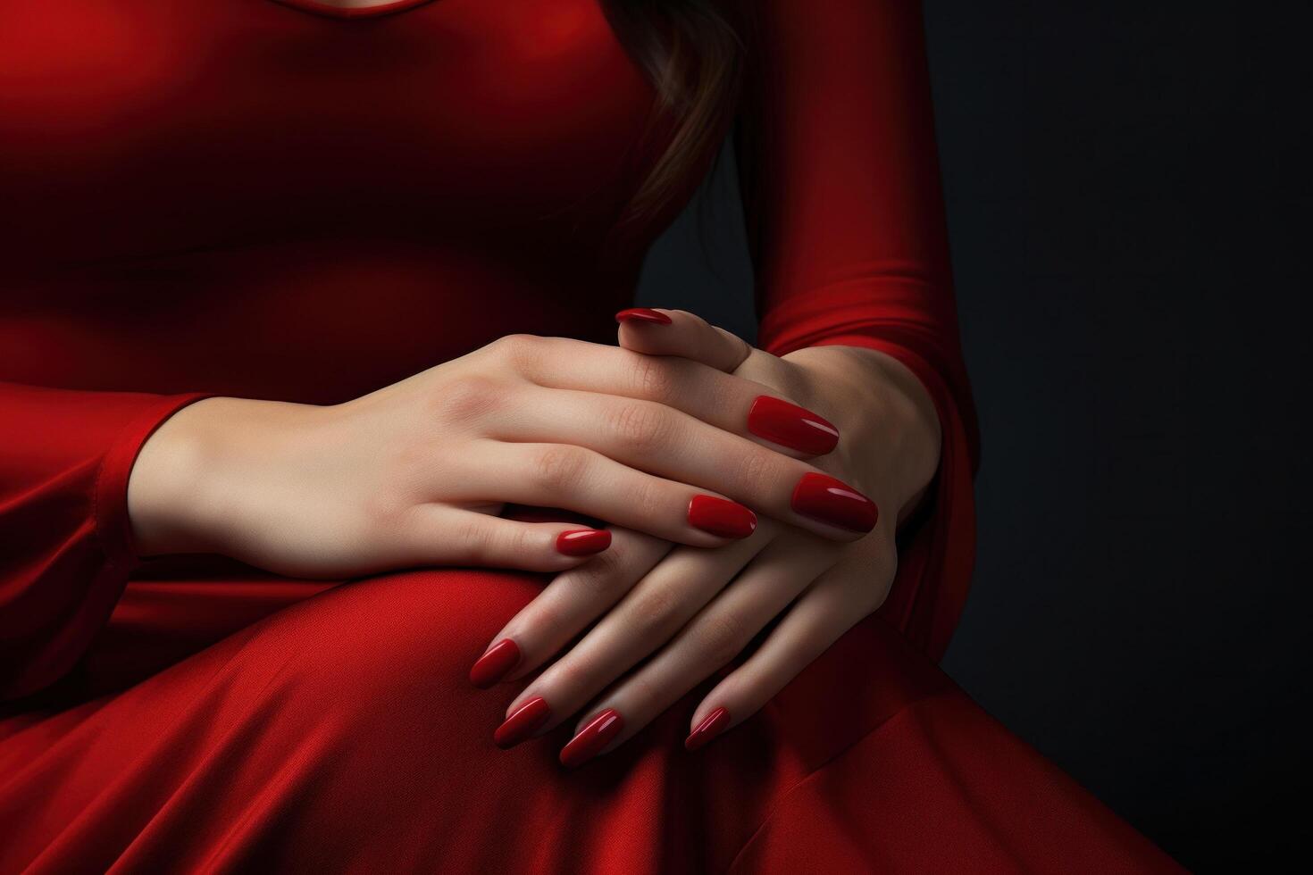 ai genererad en kvinna är innehav röd nagel putsa medan henne naglar är röd,. foto