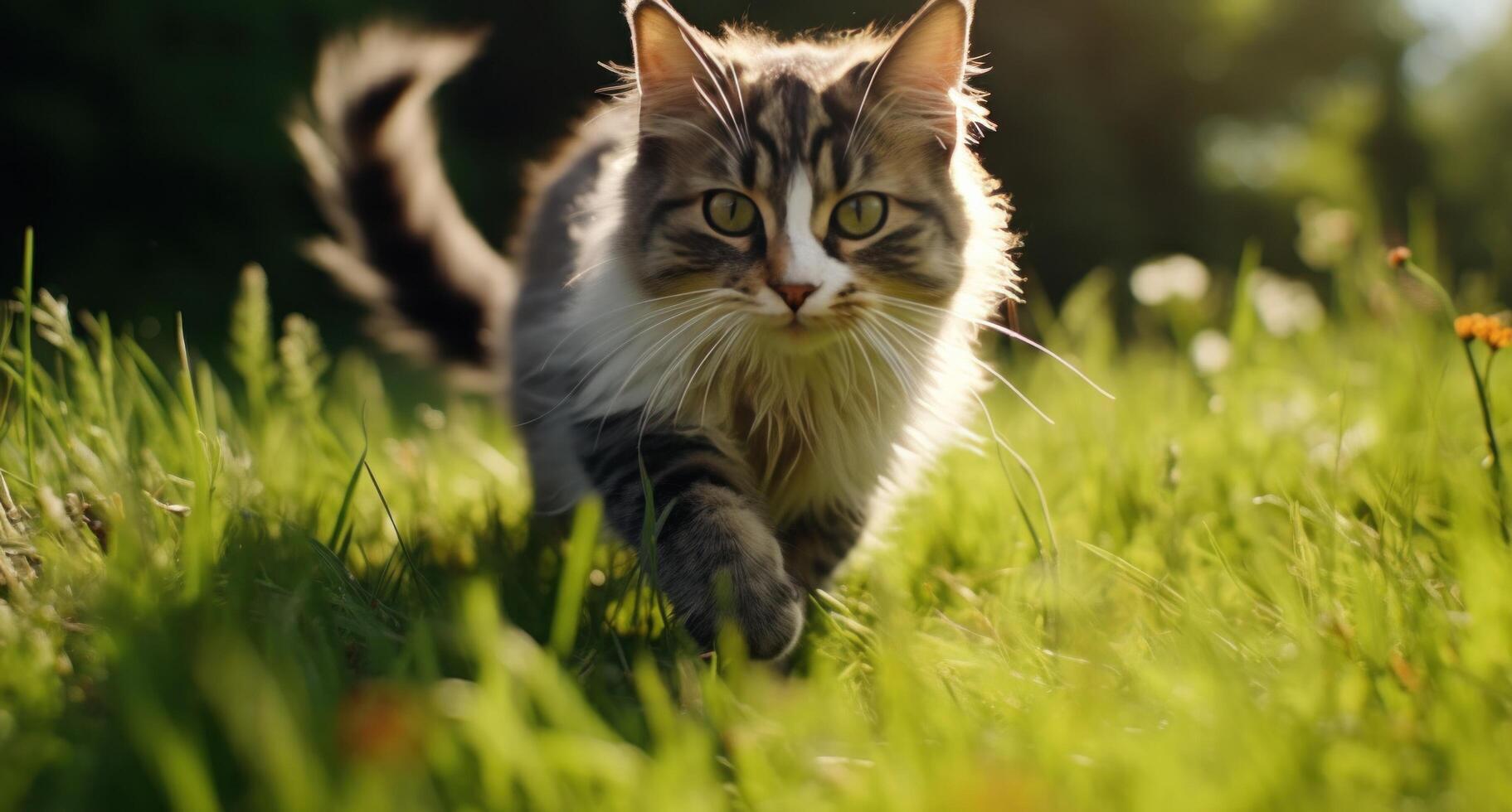 ai genererad katt jagar en mus i de gräs. foto