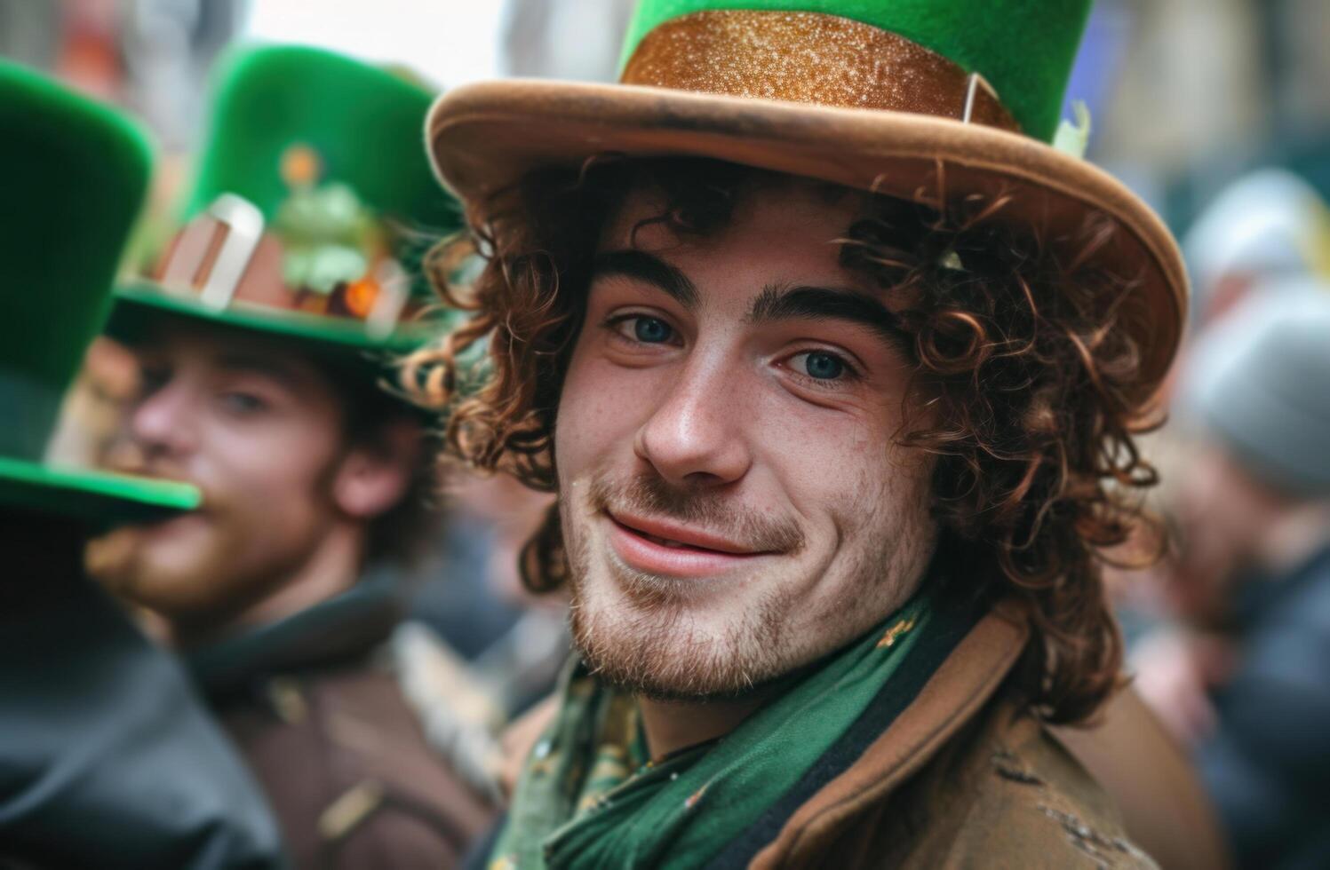 ai genererad män i grön och brun hattar på ett st Patricks dag fest foto