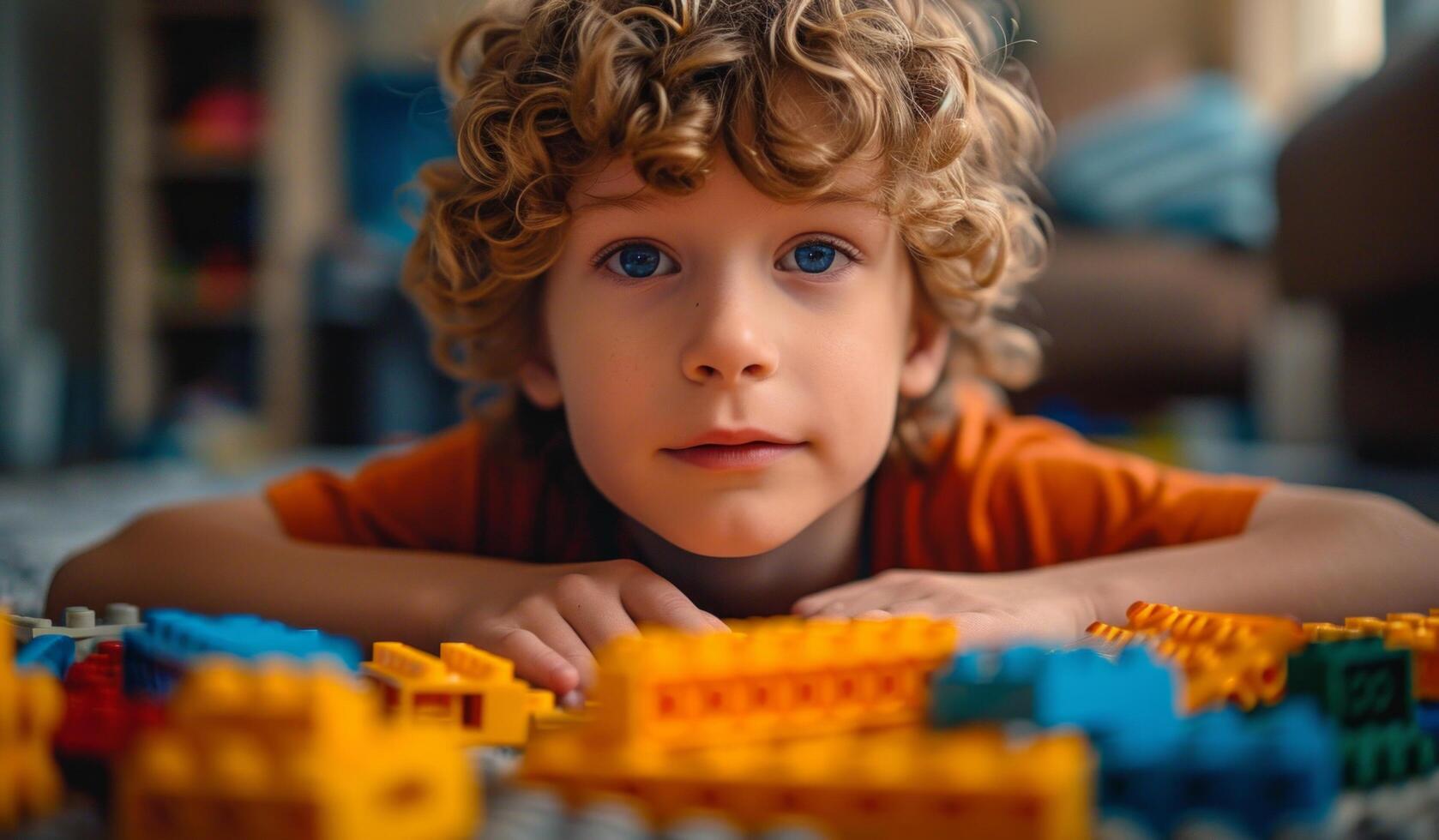 ai genererad ung pojke spelar med LEGO byggnad block foto