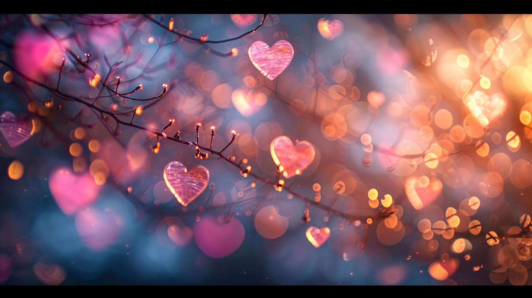 ai genererad skön suddig bakgrund med rosa hjärtan och transparent bokeh lampor foto