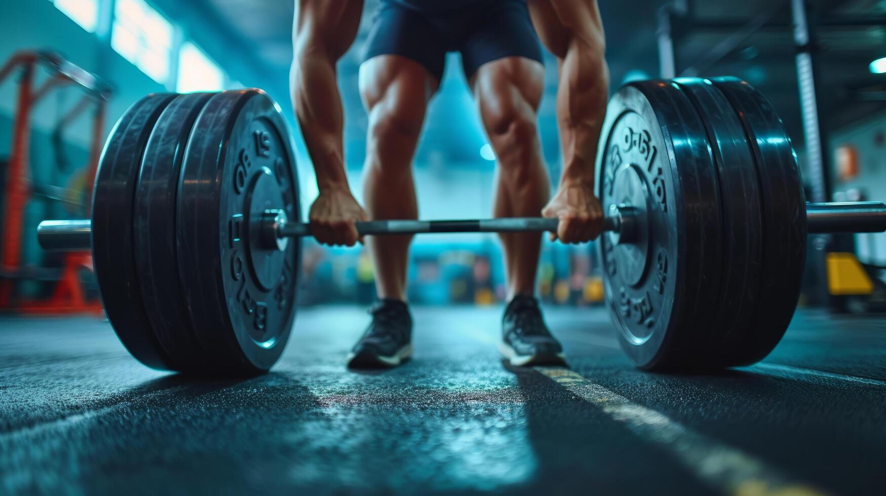 ai genererad en manlig idrottare hissar en tung skivstång. suddig Gym i de bakgrund foto