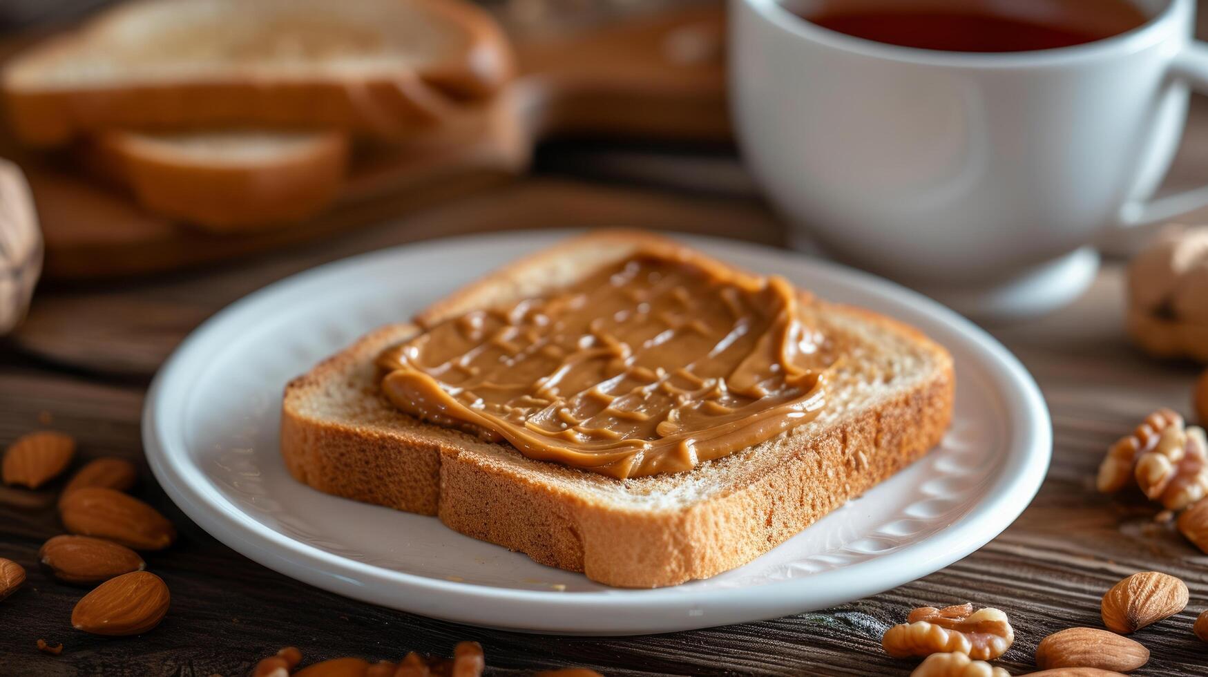 ai genererad rostat bröd spridning med jordnöt Smör lögner på en vit tallrik foto