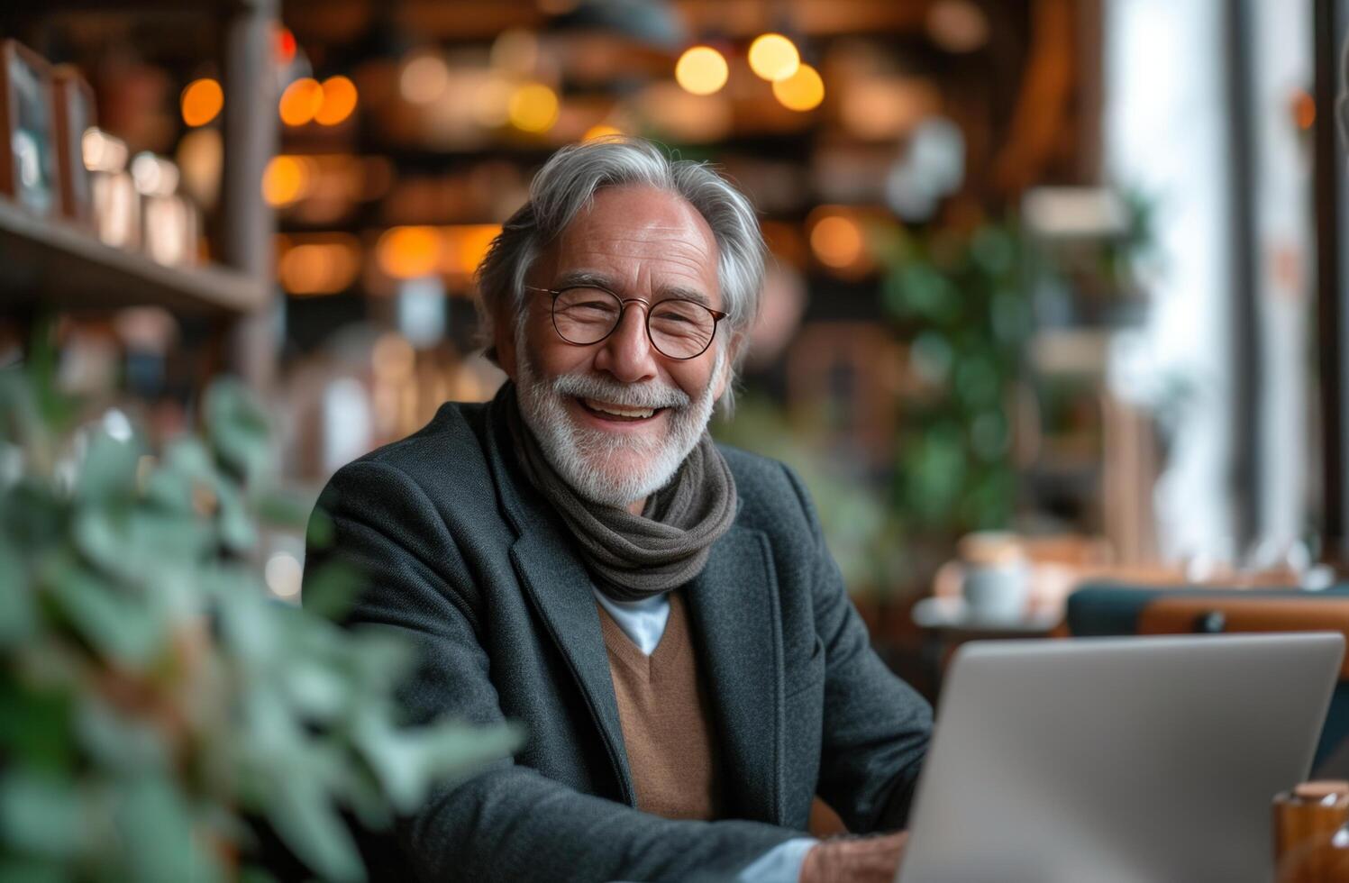 ai genererad senior affärsman leende på bärbar dator, i de stil av unik och unik bitar foto