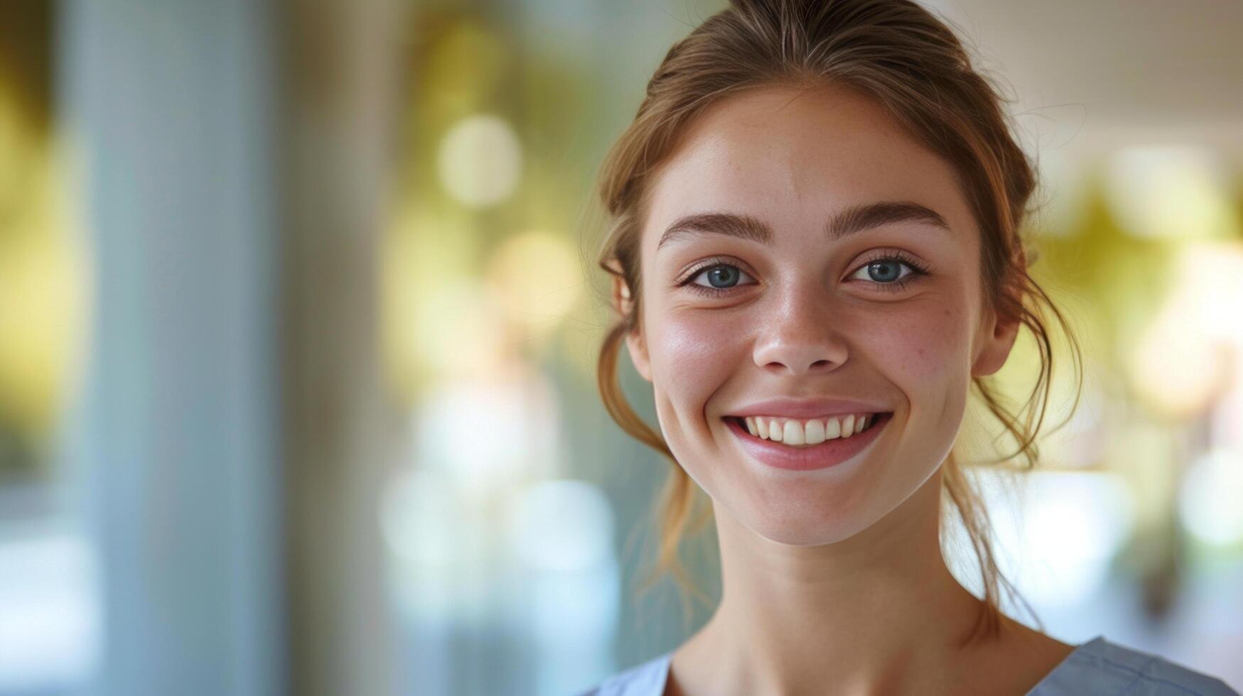 ai genererad stödjande social arbetstagare. en ung social arbetarens medkännande leende symboliserar deras tillägnande till portion andra foto