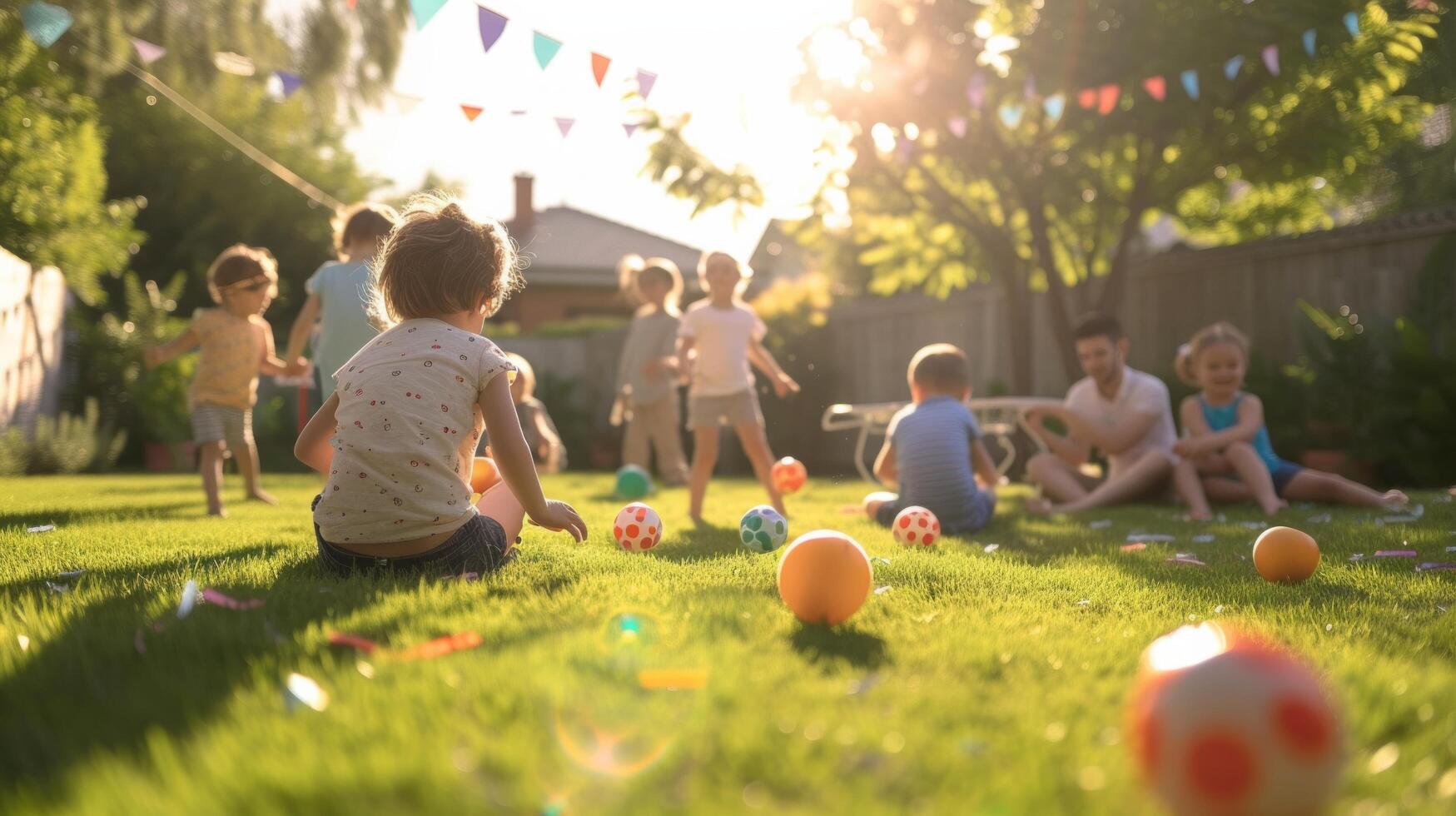 ai genererad barn spelar spel på ett utomhus- födelsedag fest i en solbelyst bakgård foto