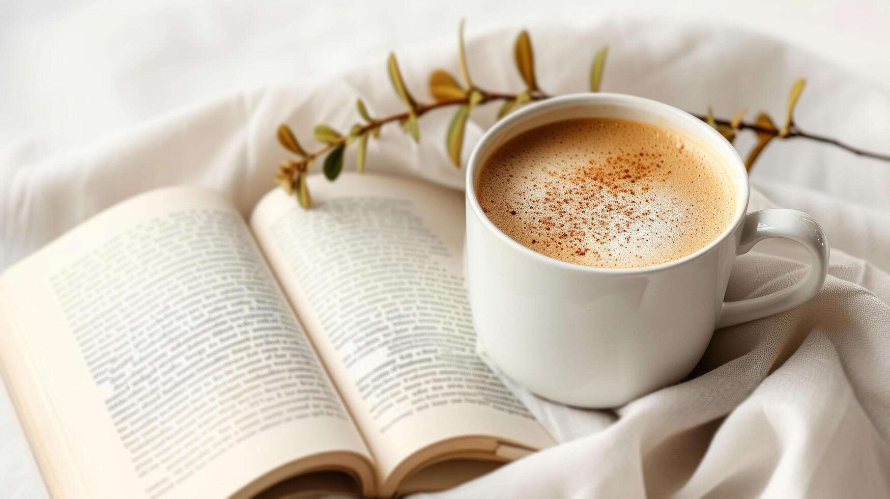 ai genererad en minimalistisk skildring av ett öppen bok och en kopp av kaffe på en vit bakgrund foto