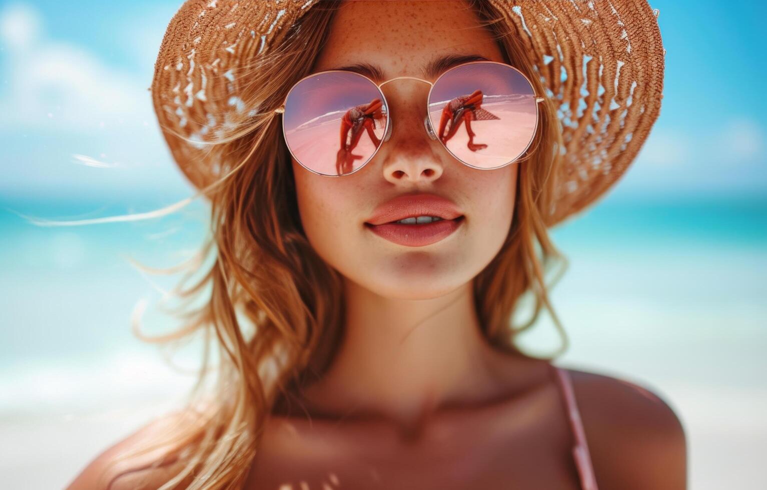 ai genererad en kvinna med en hatt och Sol glasögon är avkopplande på strand foto