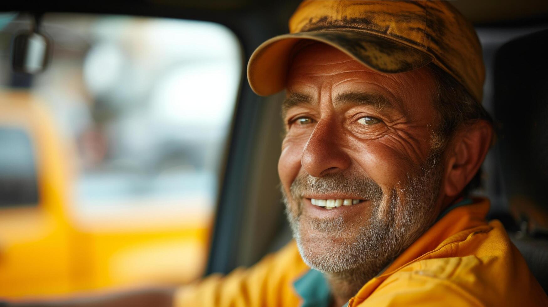 ai genererad enkel än engagerande bakgrund terar en gemytlig taxi förare, förstärkning de pendla erfarenhet med en vänlig ansikte foto