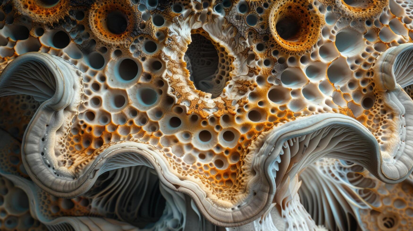 ai genererad en detaljerad bild av en svampens gälar, visning deras invecklad mönster och textur i fascinerande detalj foto