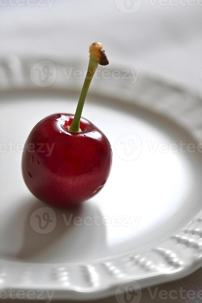 ai genererad en små röd äpple Sammanträde på topp av en vit tallrik foto