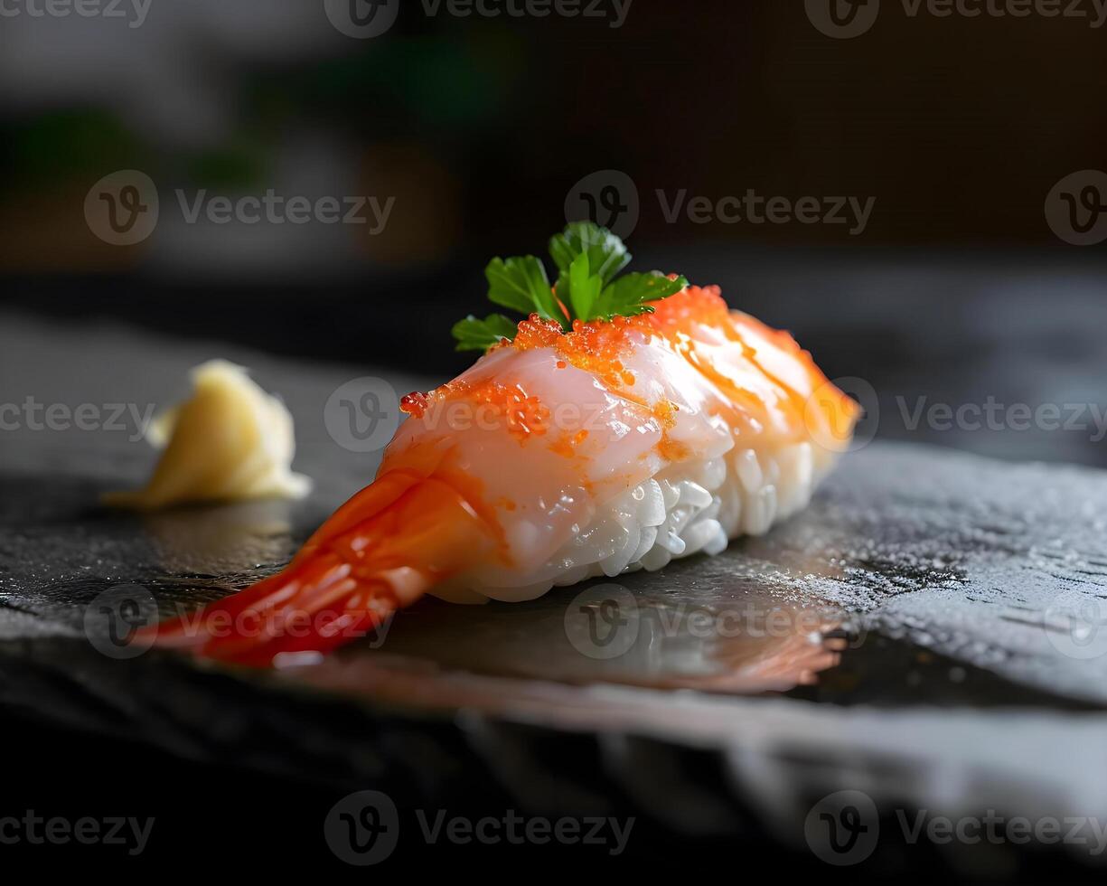 ai genererad en bit av sushi på en tallrik med en garnering foto