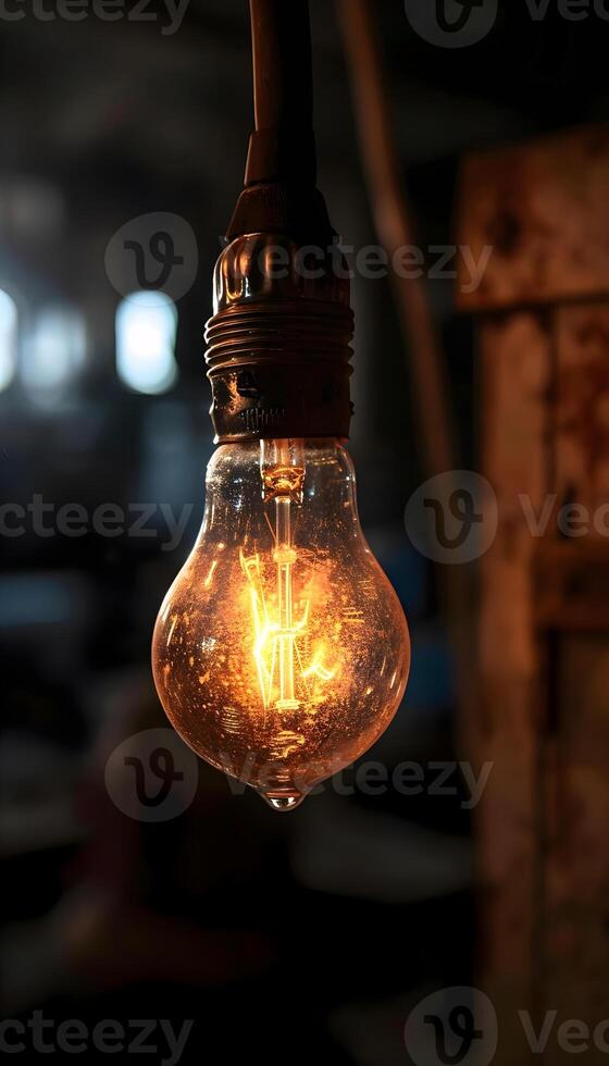 ai genererad en ljus Glödlampa den där är hängande från en tråd foto