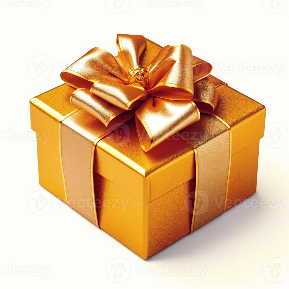ai genererad gyllene 3d gåva låda dekorerad med en stor festlig rosett isolerat på en vit bakgrund foto
