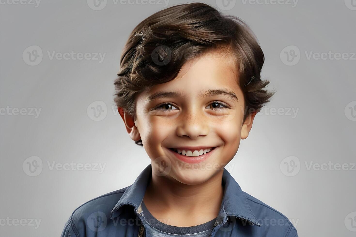 ai genererad studio porträtt av en vardagligt klädd söt ung pojke med mörk hår leende. foto