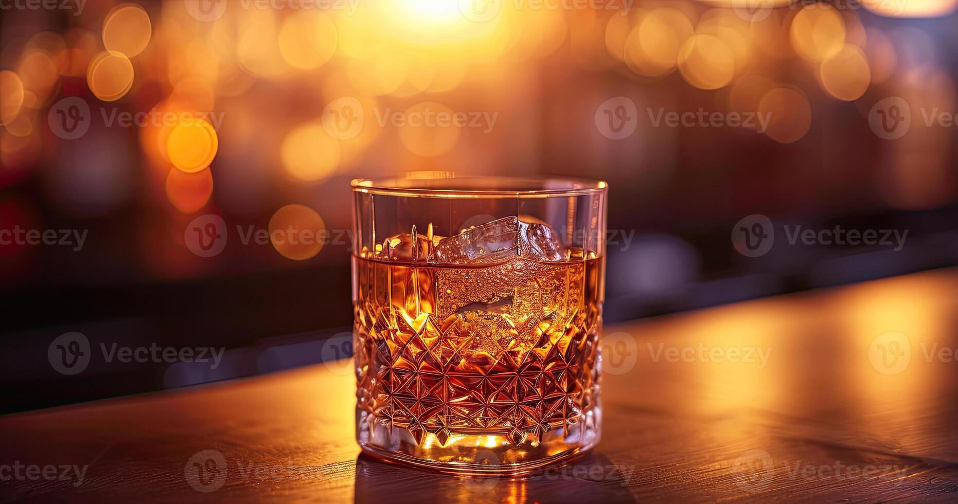 ai genererad glas av whisky med is på en trä- bar disken. klassisk whisky i en glas i en dämpa bar med kopia Plats. foto