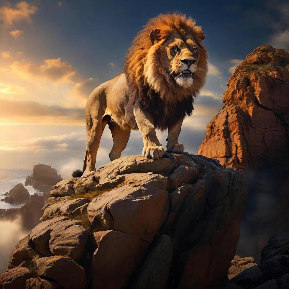 ai genererad en majestätisk lejon med en eldig man, rytande våldsamt som den står atop en klippig klippa ai genererad foto