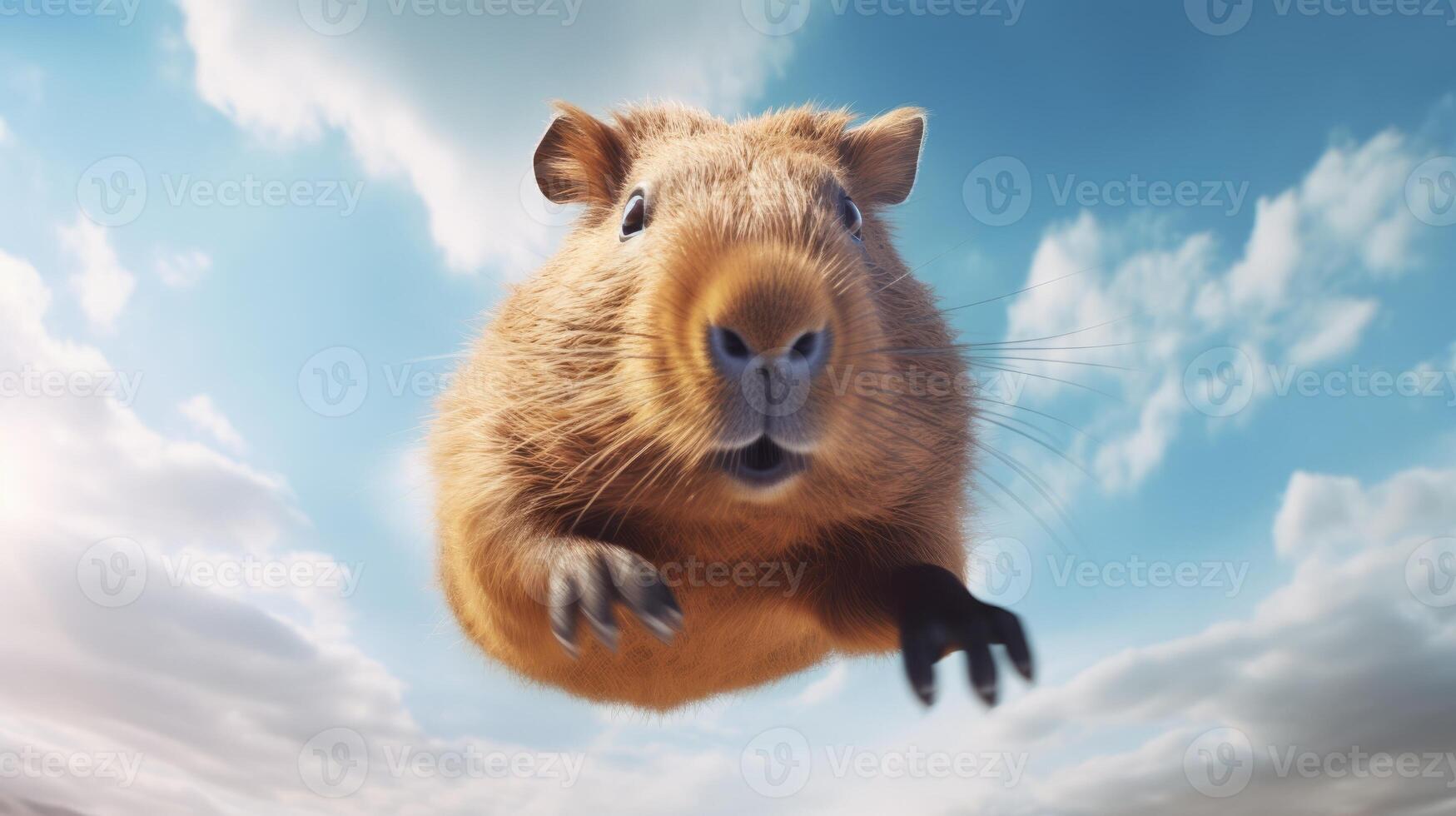 ai genererad flygande söt capybara karaktär på blå himmel bakgrund. foto