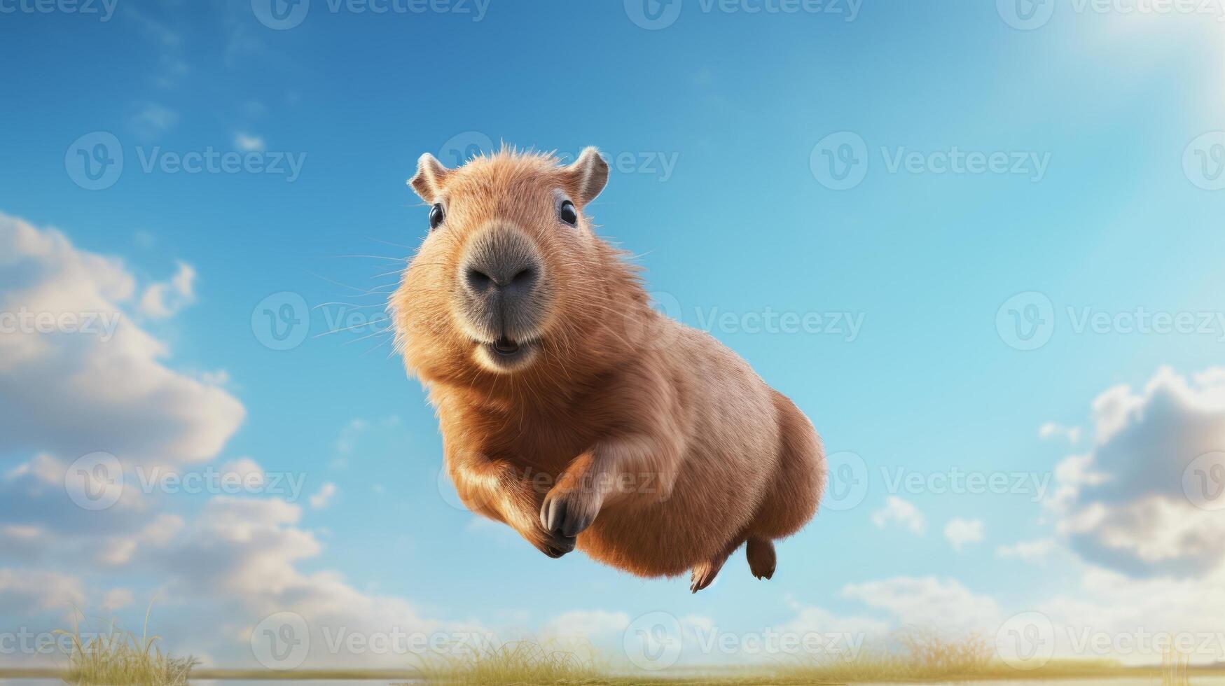 ai genererad flygande söt capybara karaktär på blå himmel bakgrund. foto