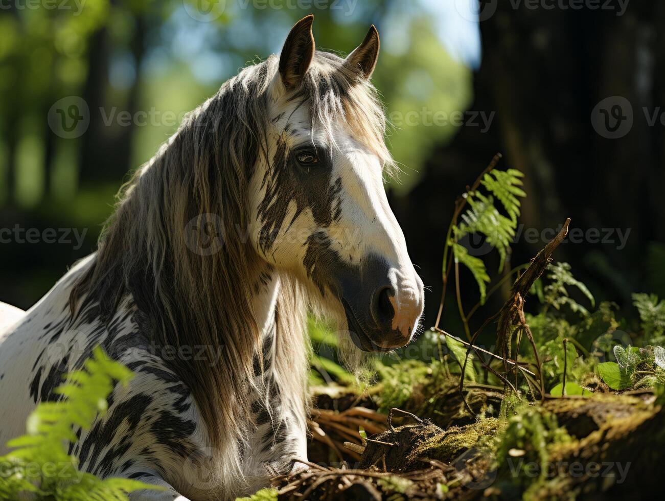 ai genererad porträtt av en häst i de skog. foto