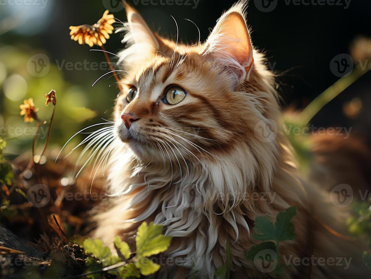 ai genererad söt ingefära maine Coon katt i sommar trädgård. foto