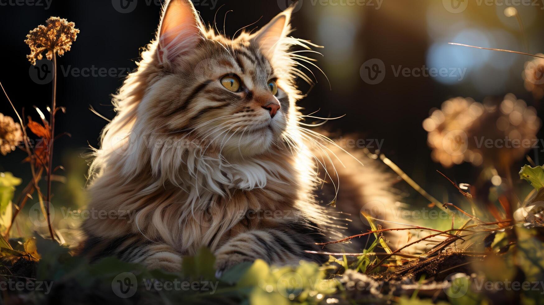 ai genererad söt ingefära maine Coon katt i sommar trädgård. foto