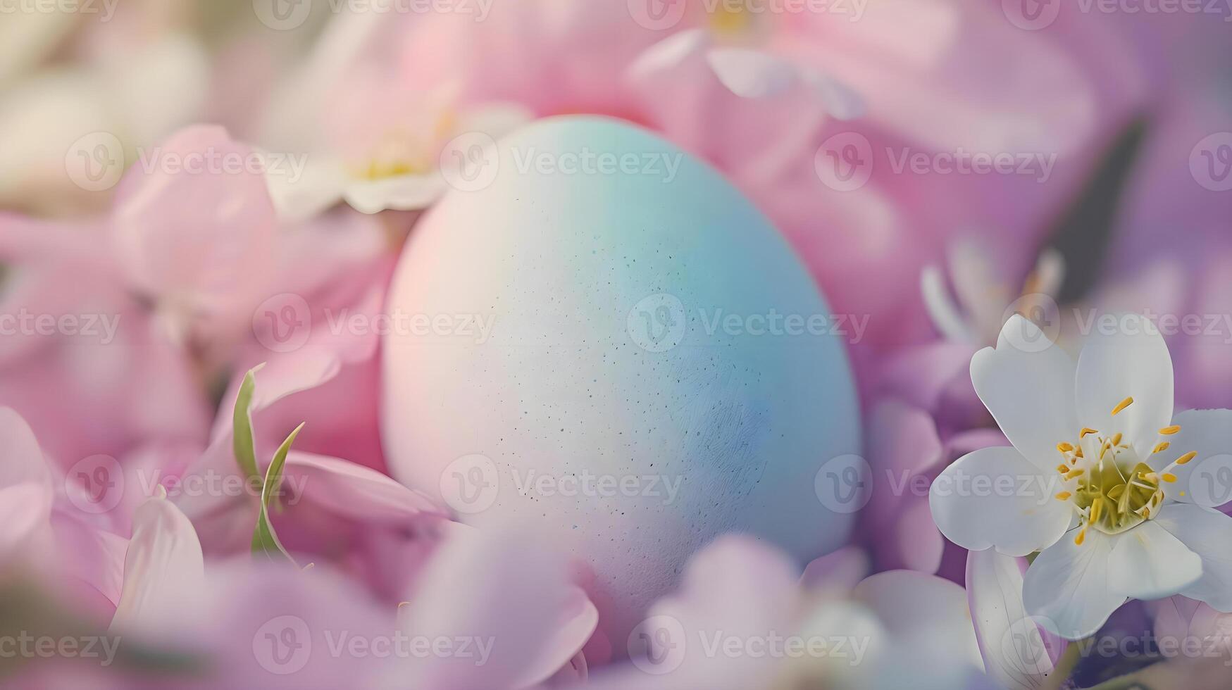 ai genererad en blå och vit ägg Sammanträde på topp av rosa blommor foto