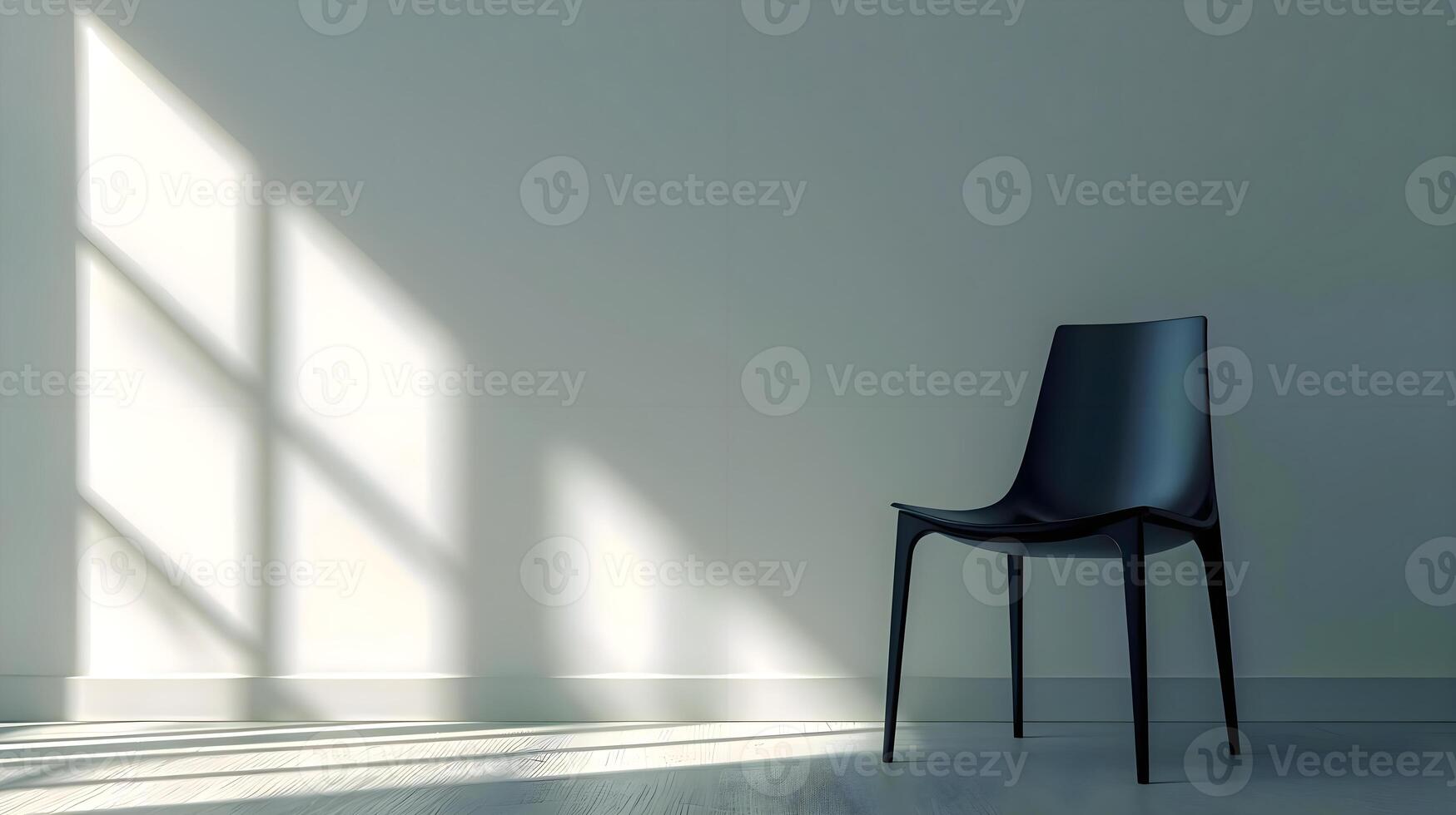 ai genererad en svart stol Sammanträde i en rum med en vit vägg foto