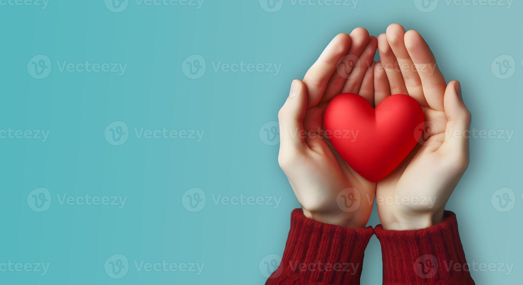 ai genererad närbild hjärta form röd kärlek i kvinna kvinnor hand två händer innehav begrepp, mödrar dag firande, välgörenhet ger symbol ljus blå bakgrund baner design närvarande gåva bröllop foto