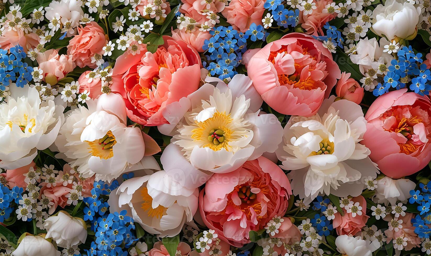 ai genererad rosa och vit blommar med glöm-mig-inte foto