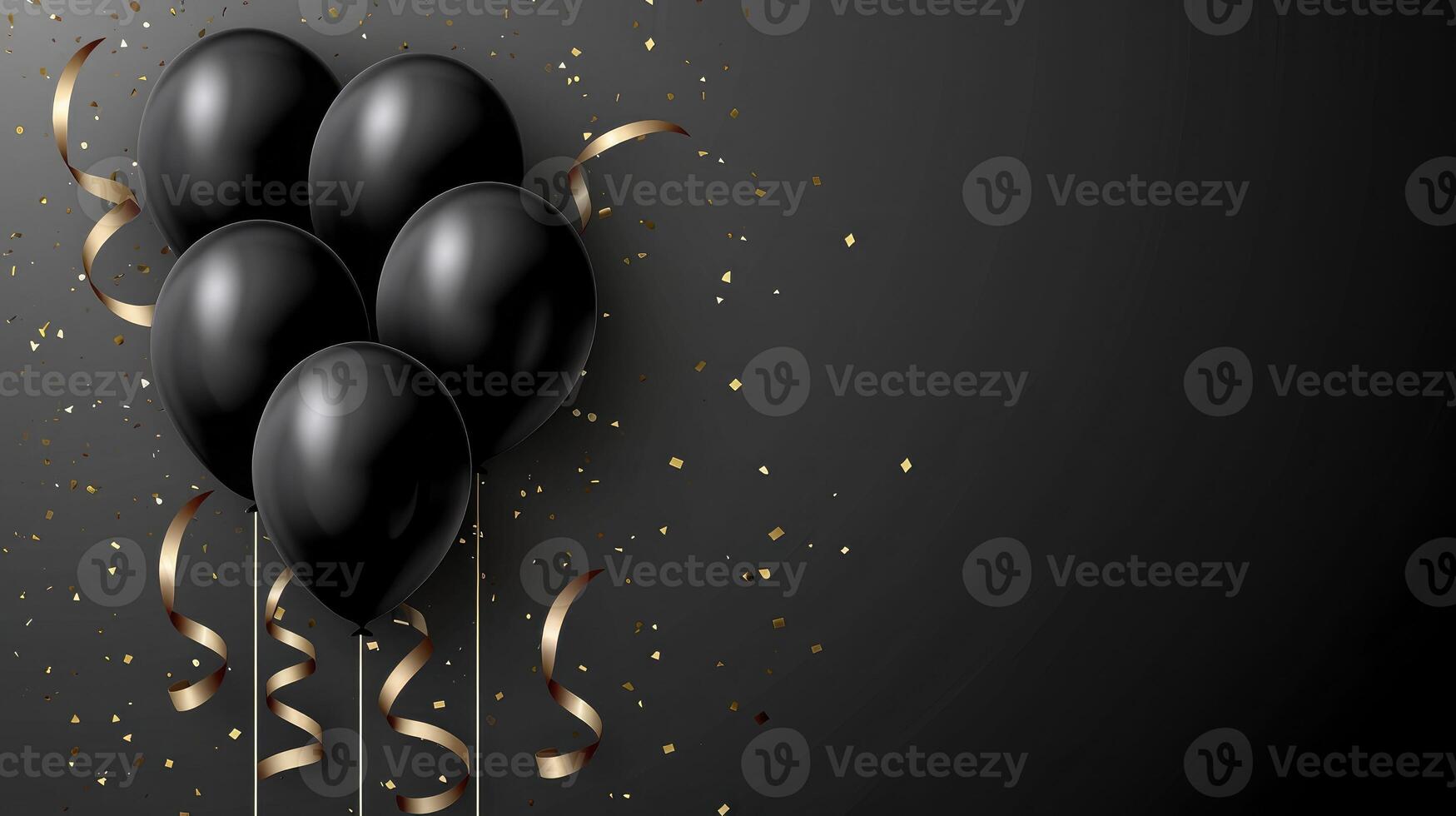 ai genererad elegant svart ballong och band Lycklig födelsedag firande kort baner mall bakgrund foto