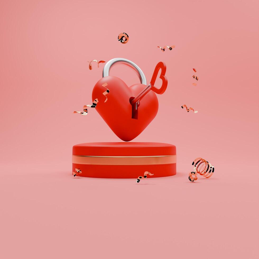 3d återges röd och guld valentine tema av kärlek låsa och konfetti för social media posta foto