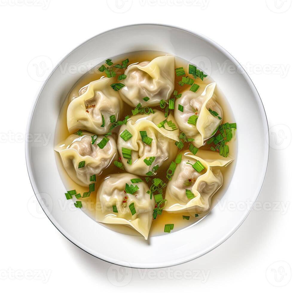 ai genererad wonton soppa närbild isolerat på vit bakgrund foto