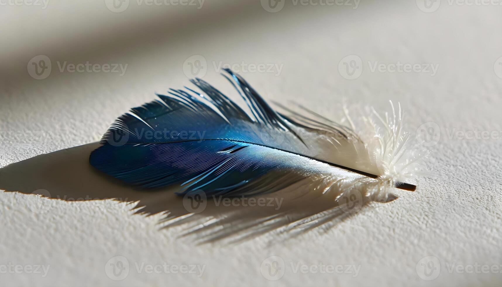 ai genererad en blå fjäder vilar på en vit yta foto