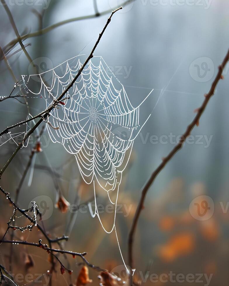 ai genererad en Spindel webb hängande från en träd gren foto