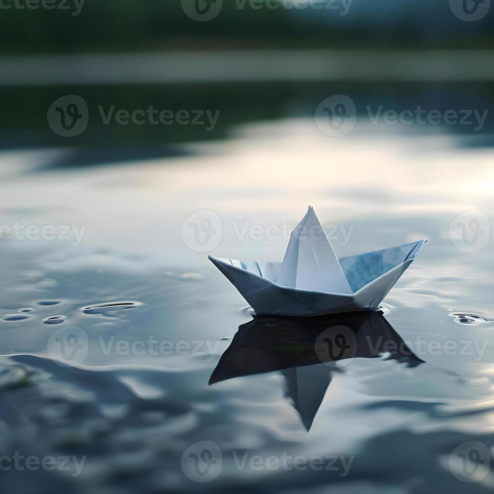 ai genererad en papper båt flytande på topp av en kropp av vatten foto