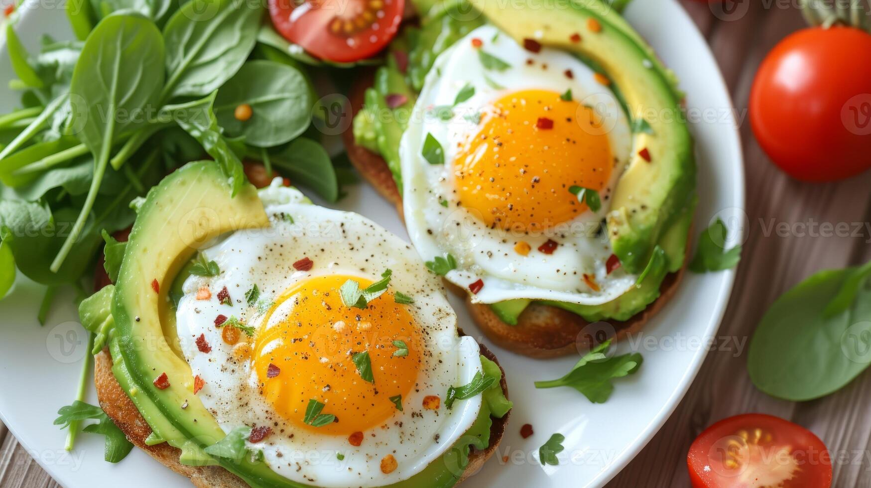 ai genererad en tallrik av mat med avokado och ägg. perfekt för en friska och utsökt frukost alternativ foto