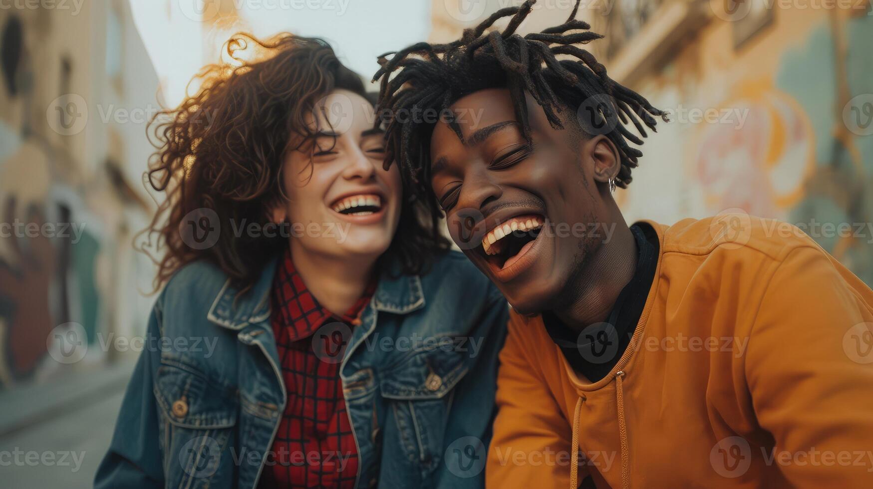 ai genererad mångkulturell par på äkta skratt - liv stil begrepp med Lycklig raser vänner har roligt tillsammans ut sida - trendig högskola studenter njuter ha sönder tid på campus foto