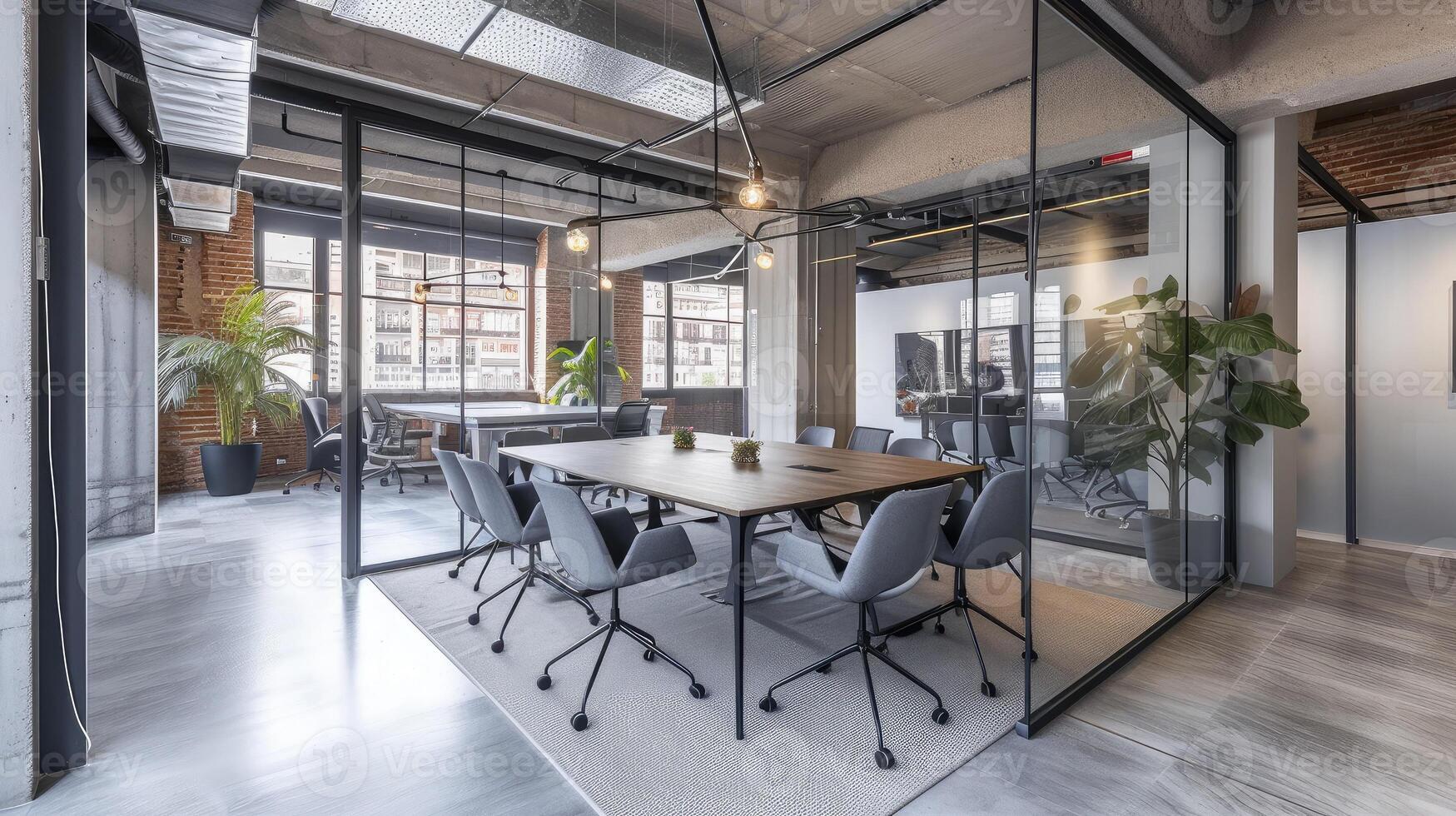 ai genererad modern coworking kontor i madrid, spanien, terar en rymlig möte rum med en stor tabell, grå stolar, utsatt betong strålar, och en transparent glas dela foto