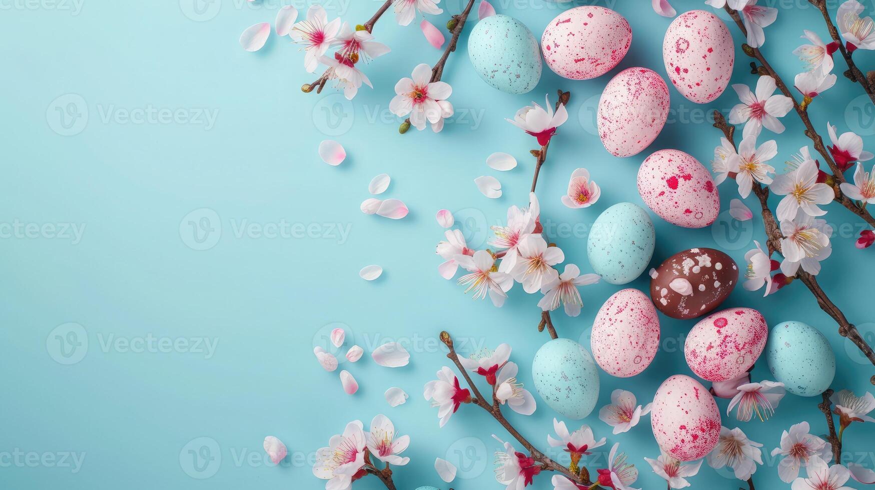 ai genererad Lycklig påsk färgrik påsk choklad ägg med körsbär blommar platt lägga på blå bakgrund. eleganta anbud vår mall med Plats för text. hälsning kort eller baner foto