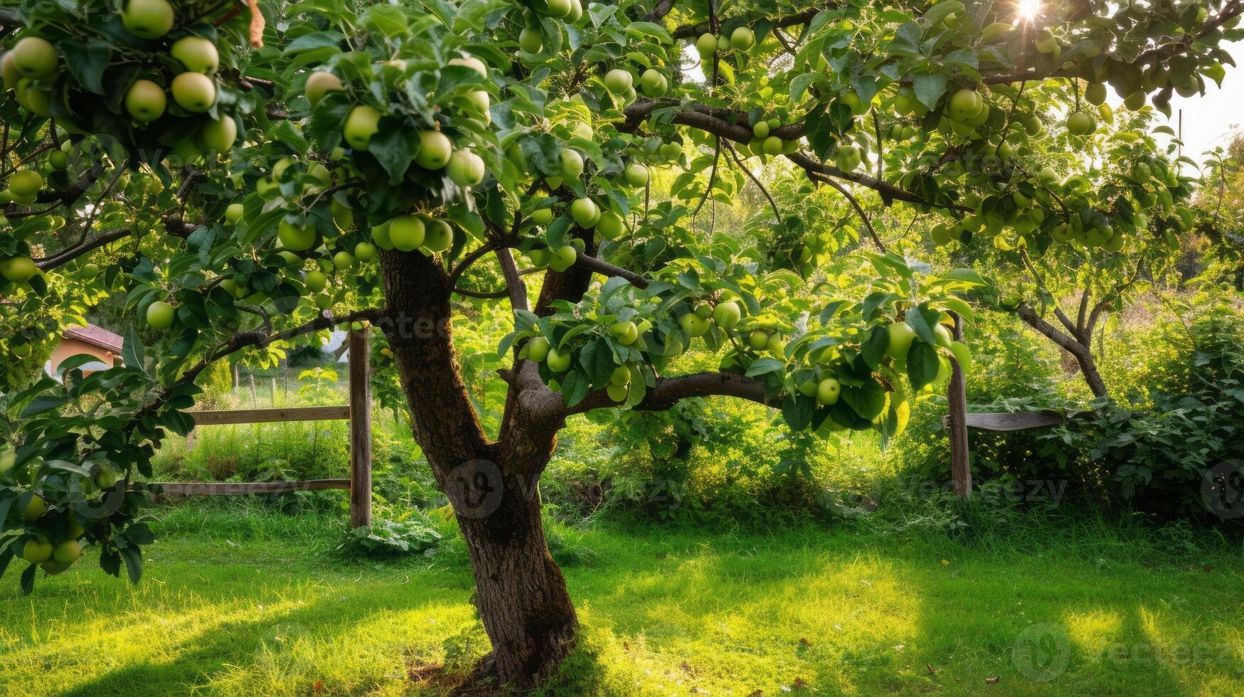 ai genererad grön äppelfylld träd fokal- punkt, frodig trädgård foto