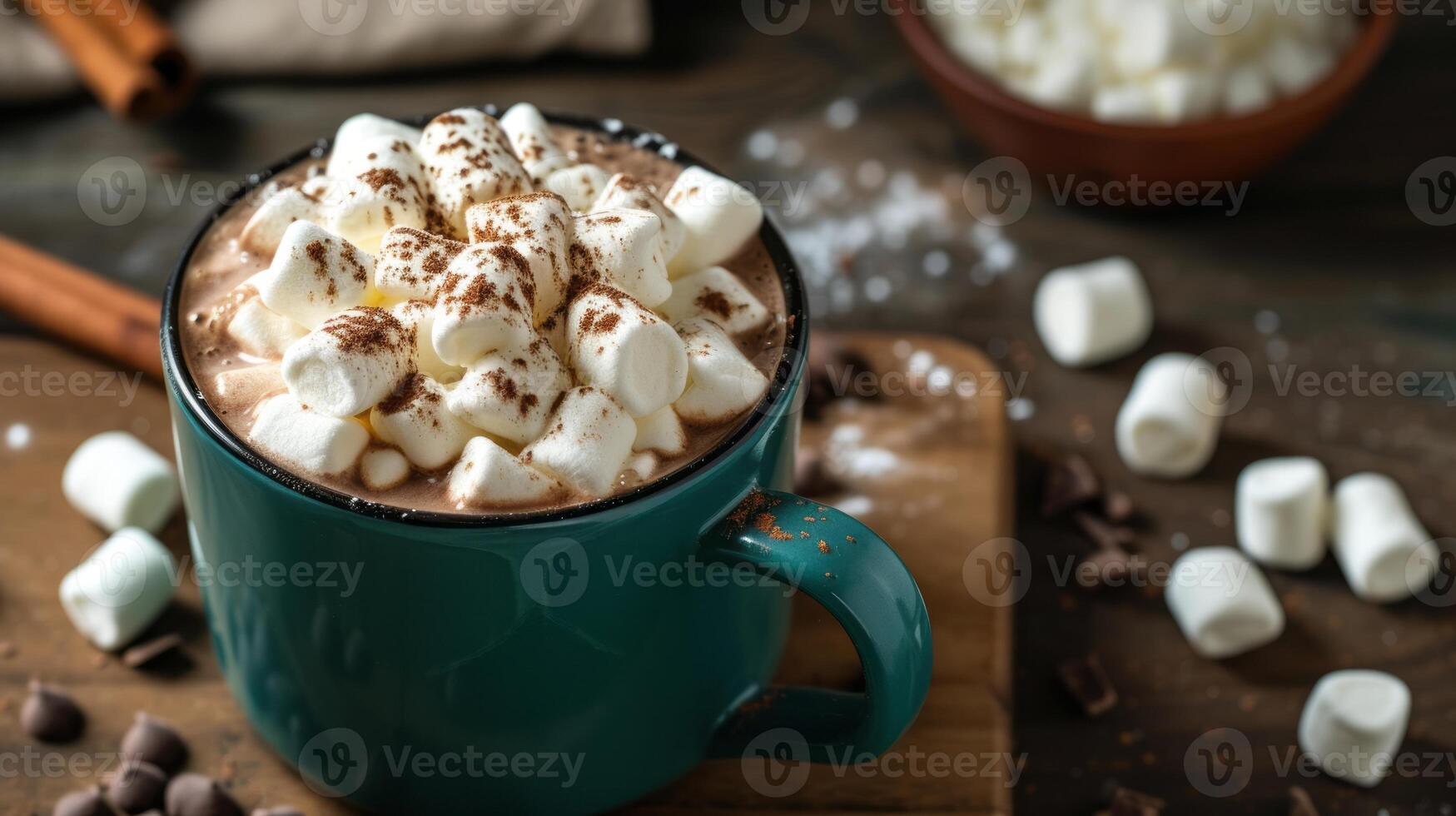 ai genererad över huvudet se av varm choklad i en blå grön råna med vispad grädde och mini marshmallows foto