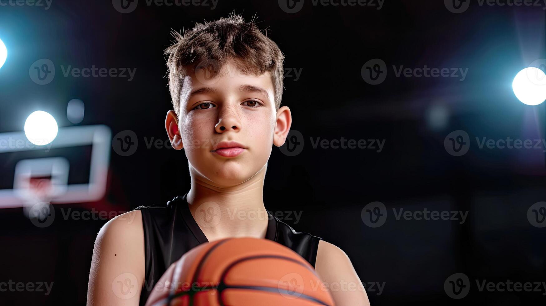 ai genererad junior nivå basketboll spelare studsande basketboll. ung basketboll spelare med klassisk boll. basketboll Träning session för ungdom. skola sporter klass foto