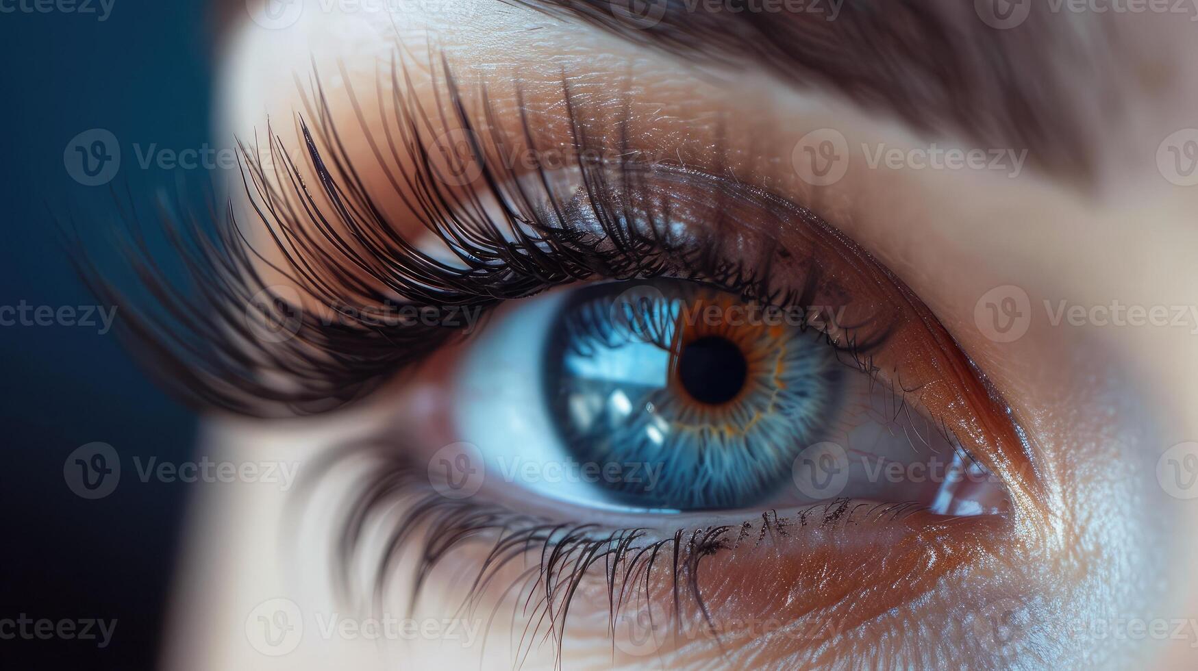 ai genererad kvinna öga med extrem lång falsk ögonfransar ögonhår tillägg smink kosmetika skönhet stänga upp makro foto