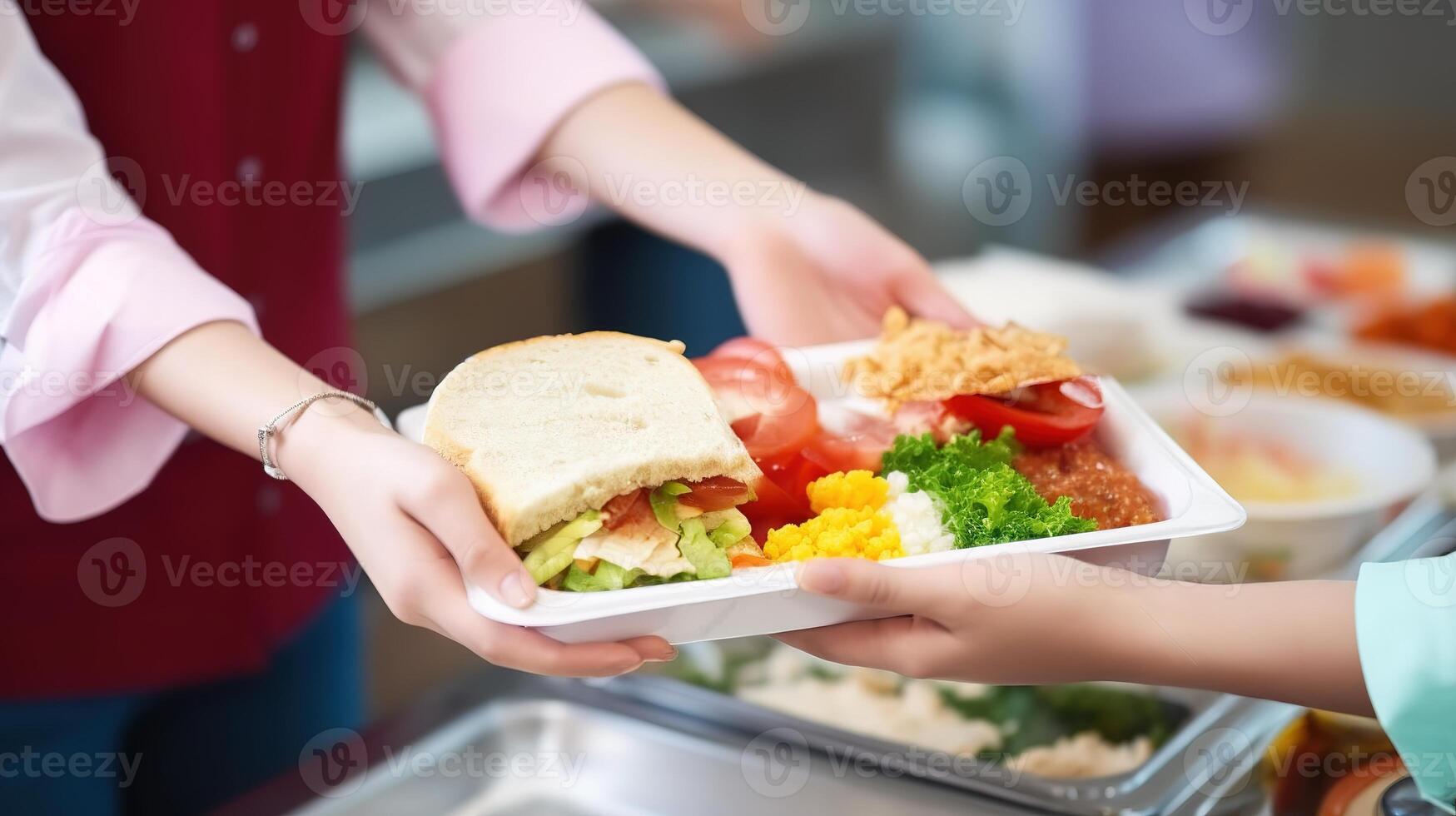 ai genererad händer av kvinna tar mat från kylskåp i restaurang, närbild foto