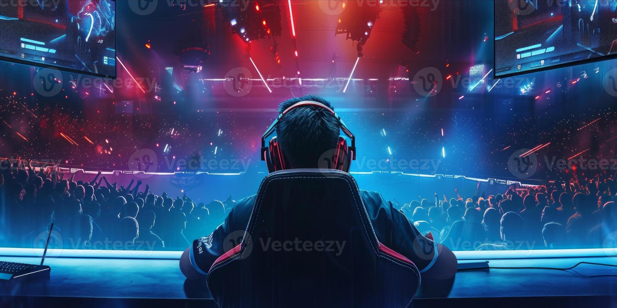 ai genererad trogen esport bakgrund för gaming leva strömning. esport spel turnering konkurrens neon baner foto