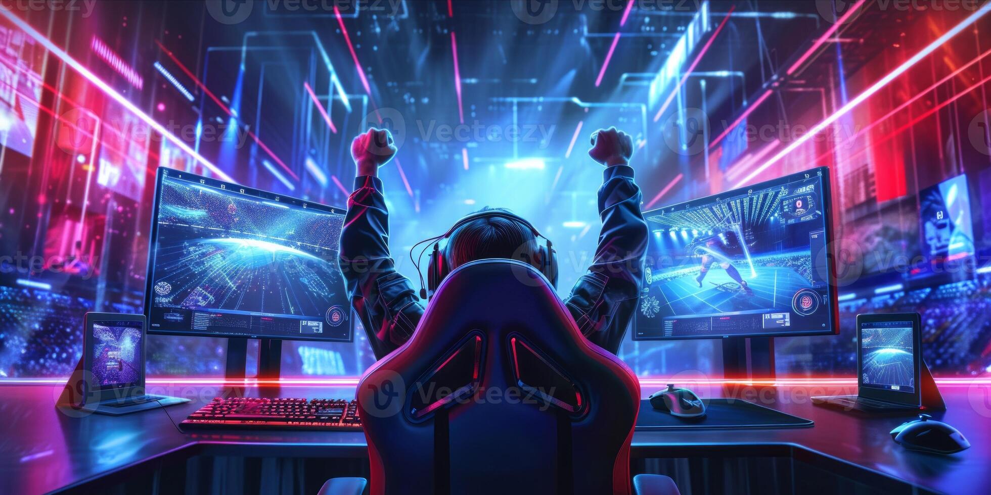 ai genererad trogen esport bakgrund för gaming leva strömning. esport spel turnering konkurrens neon baner foto