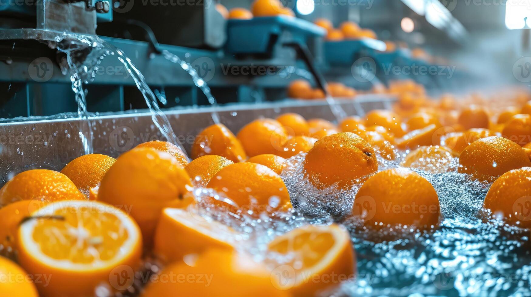 ai genererad de bearbeta av tvättning och rengöring av citrus- frukt i en modern produktion linje foto